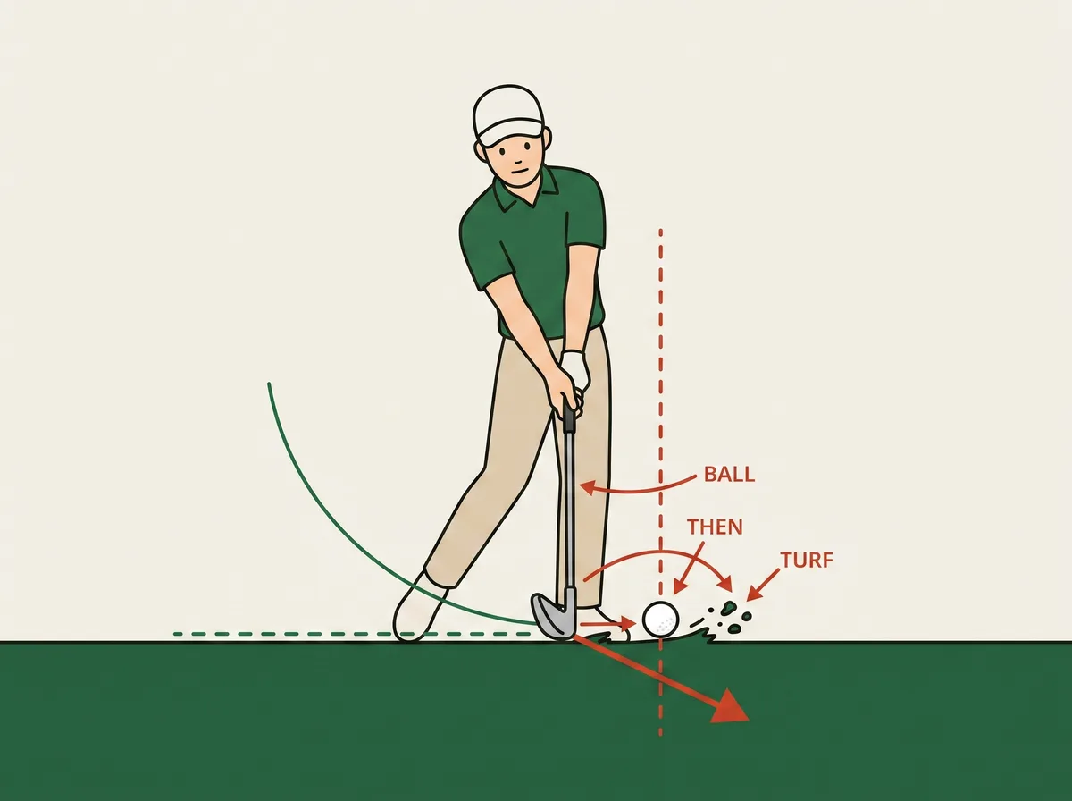 Diagram showing a golf club striking the ball first and the turf afterwards, with the divot beginning past the ball
