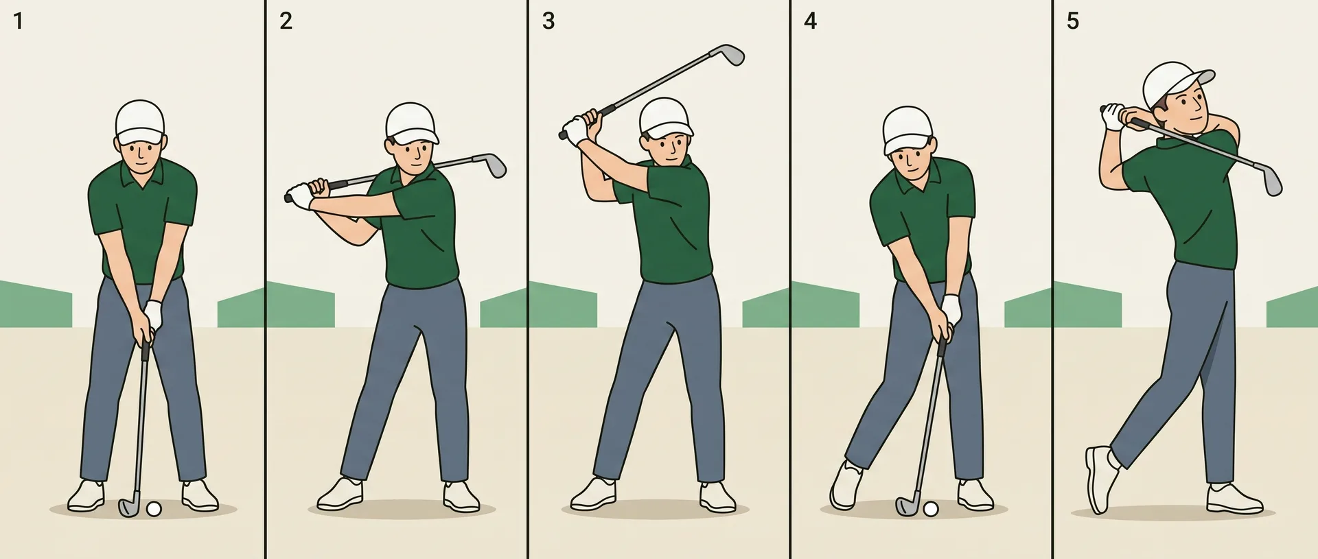 Five-panel sequence of a golf swing showing address, halfway back, the top of the backswing, impact and the finish