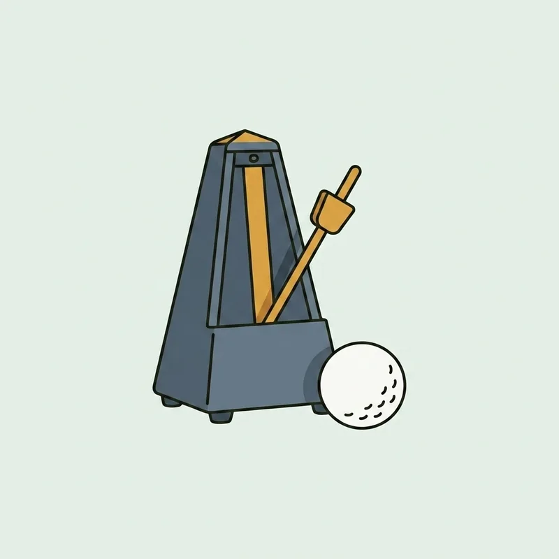 A small mechanical metronome standing beside a golf ball
