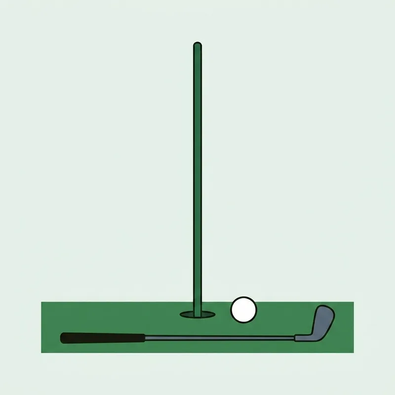 An alignment stick standing vertically in the turf beside a golf ball