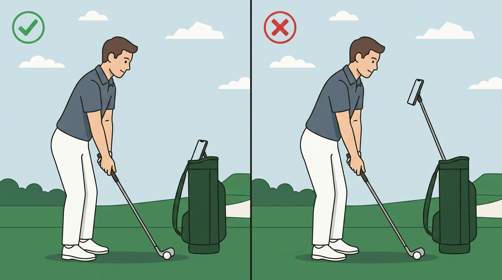 Comparison of a phone propped at hip height beside a golfer against the same phone propped much higher at chest height
