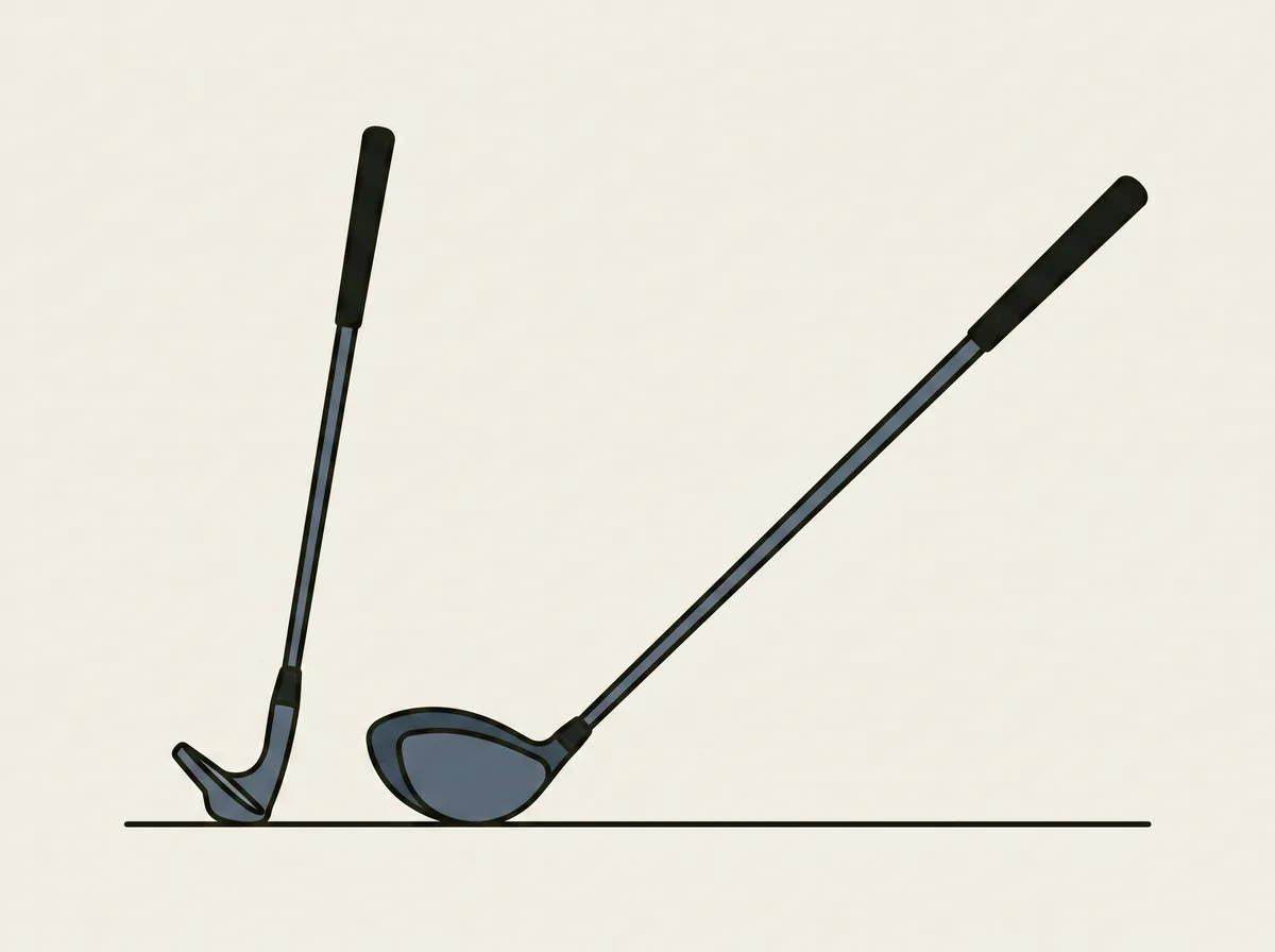 Diagram of a short wedge and a long driver standing sole down side by side, showing the wedge shaft standing at a much steeper angle than the driver shaft