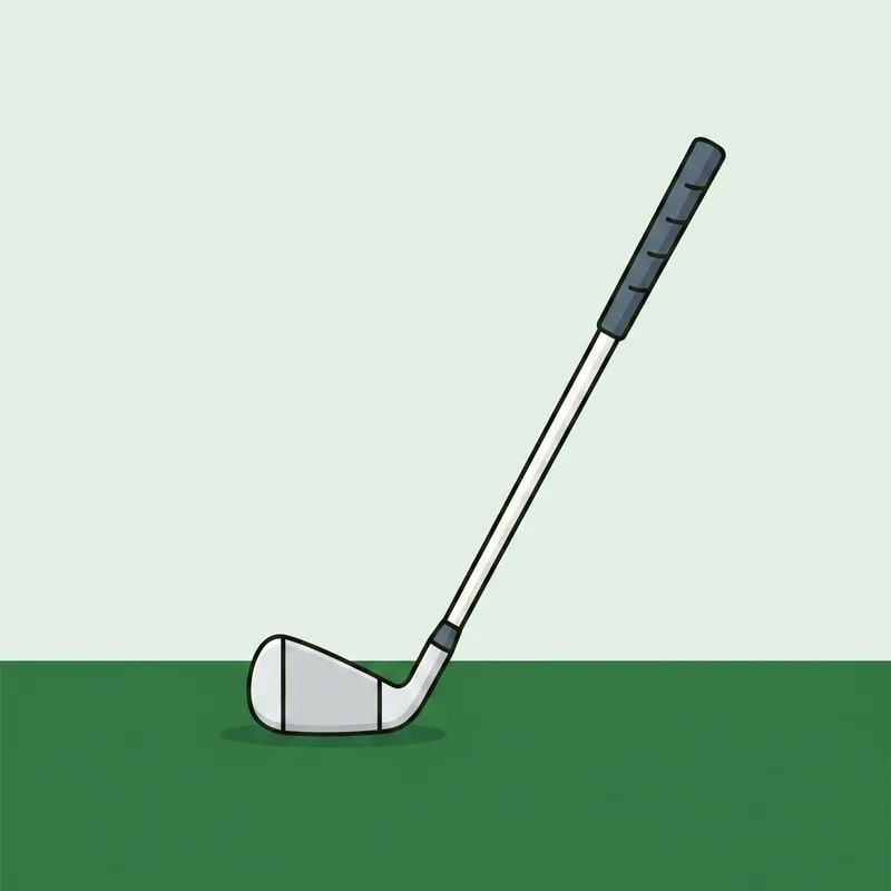 A single golf iron resting on short grass with the sole flat and the shaft angled upward
