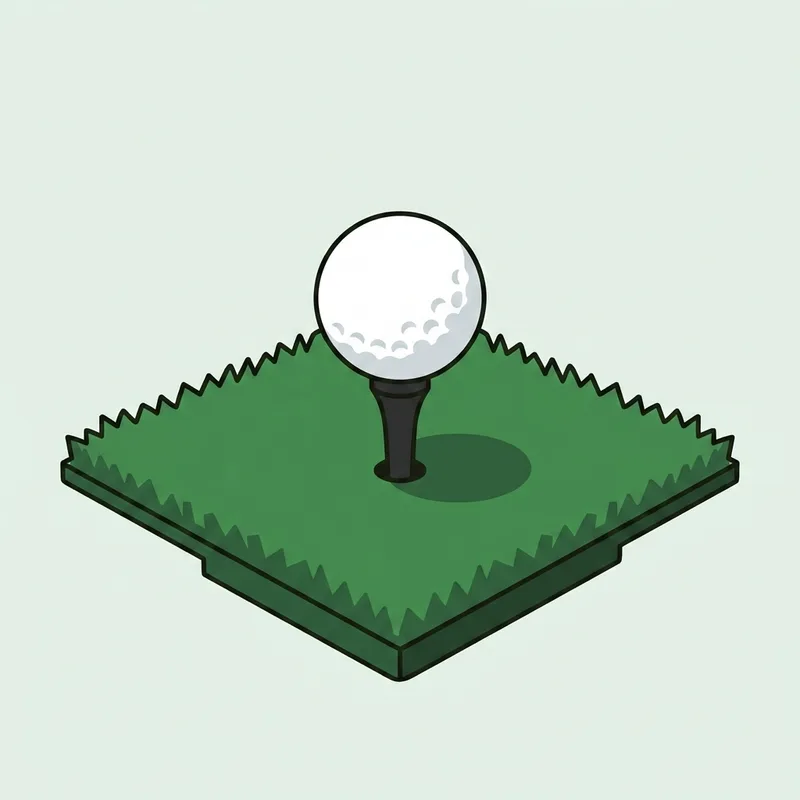 A single golf ball sitting on a rubber tee set into a practice range mat