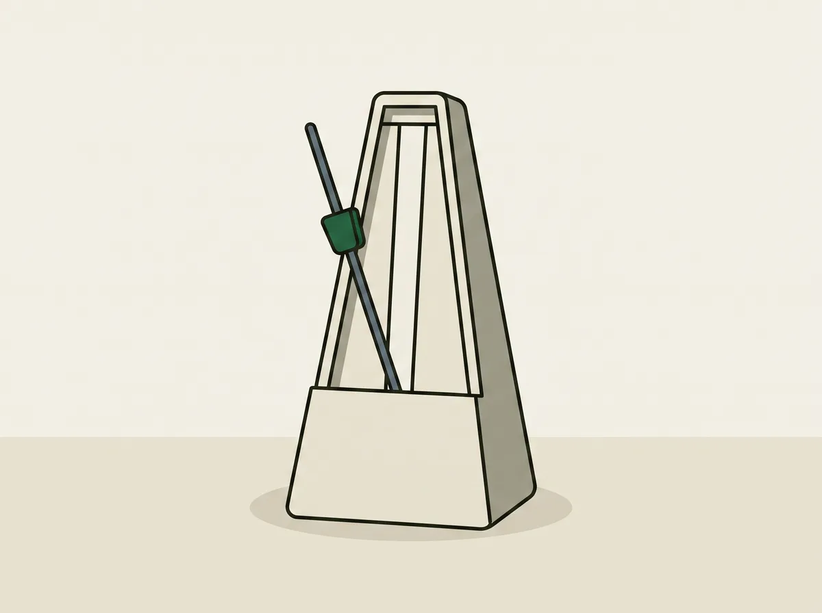 Diagram of an upright wedge-shaped mechanical metronome with a single pendulum arm leaning to one side