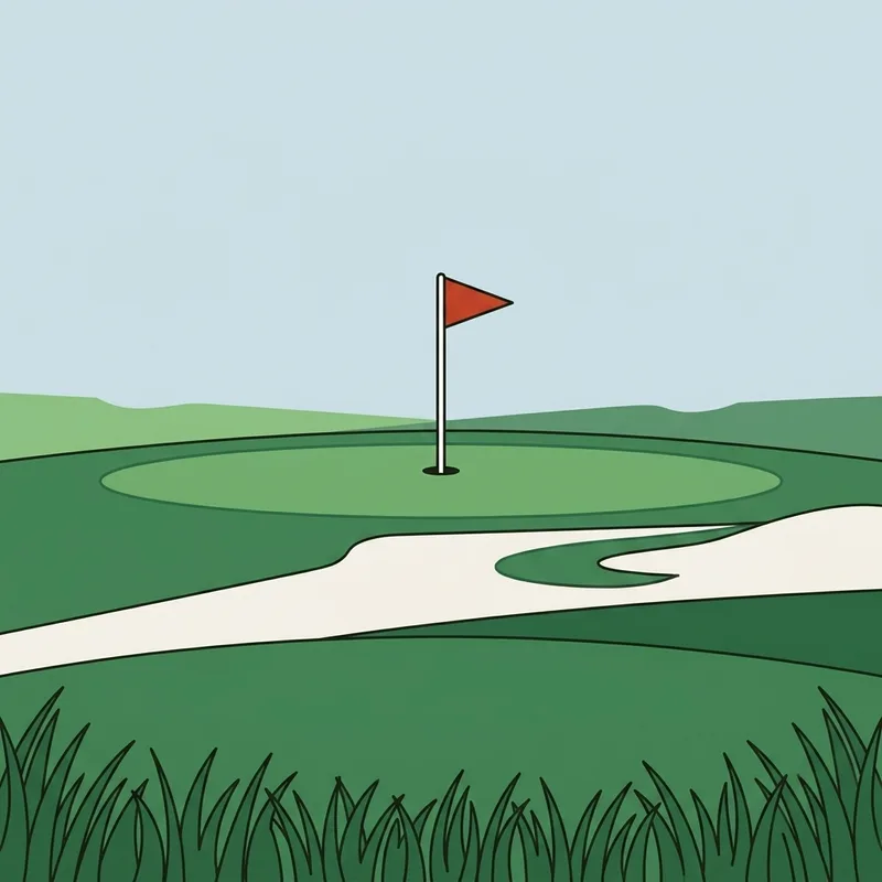 A distant flagstick seen from the fairway with the green in soft focus