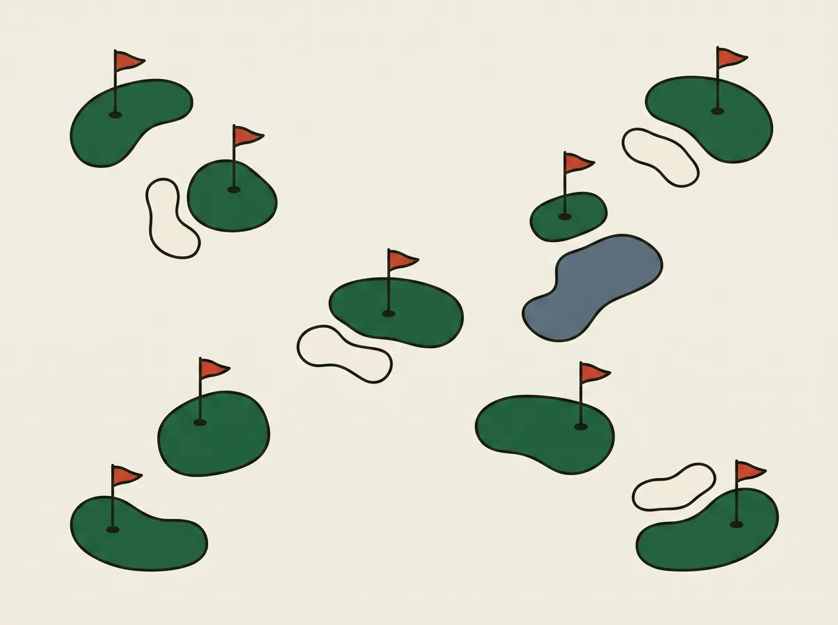 Overhead map of a golf course showing several separate greens with flagsticks spread across a large open field