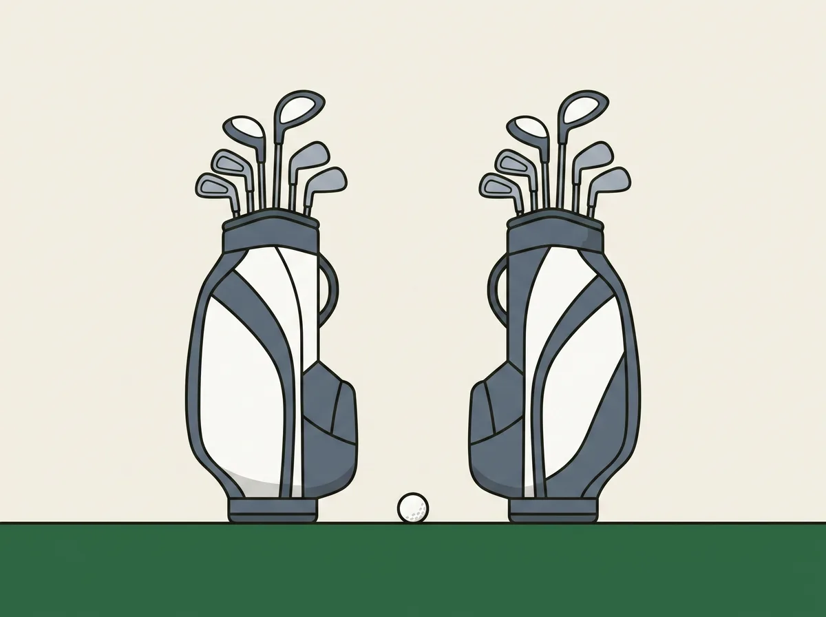 Two golf bags standing upright side by side on short grass with a single golf ball on the ground between them