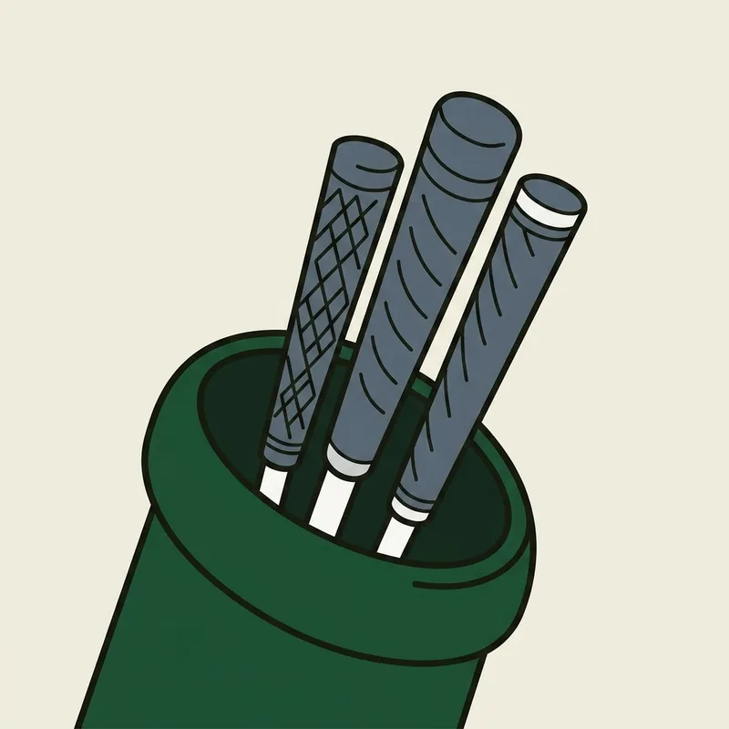 The butt ends of three golf club grips protruding from the top of a golf bag, seen from above
