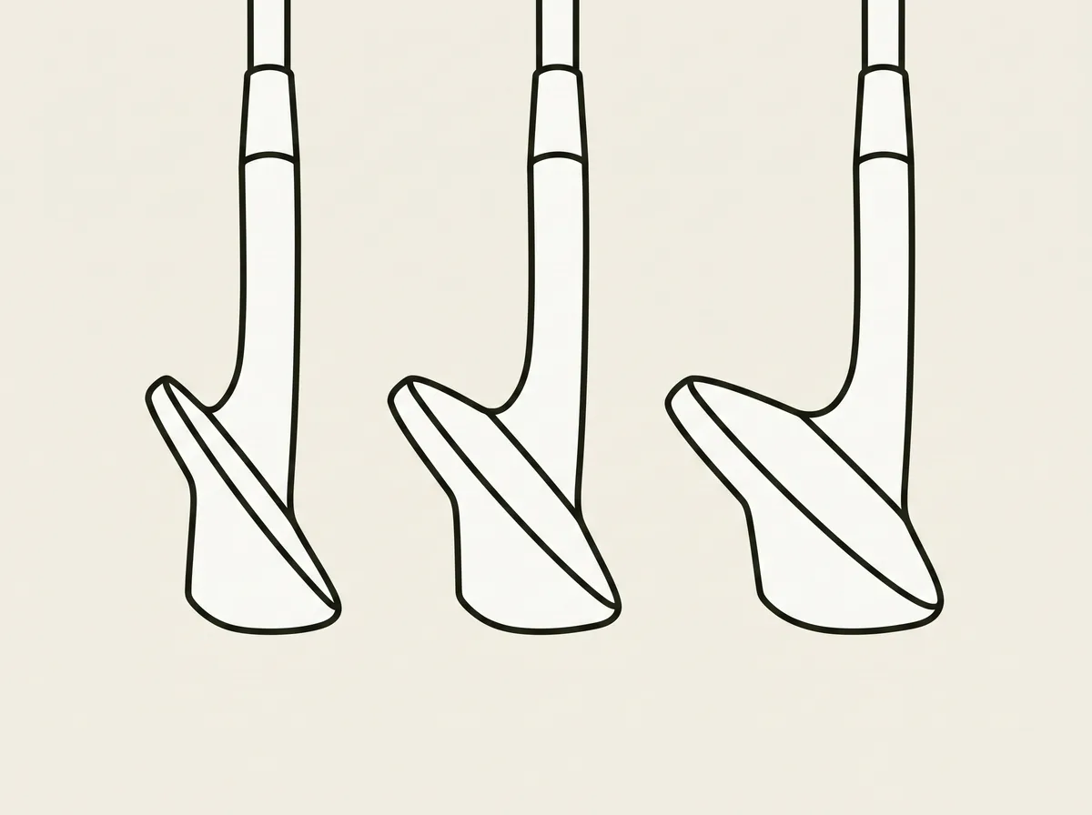 Three golf wedge heads side by side with the sole of each one turned toward the viewer, the soles growing wider from left to right