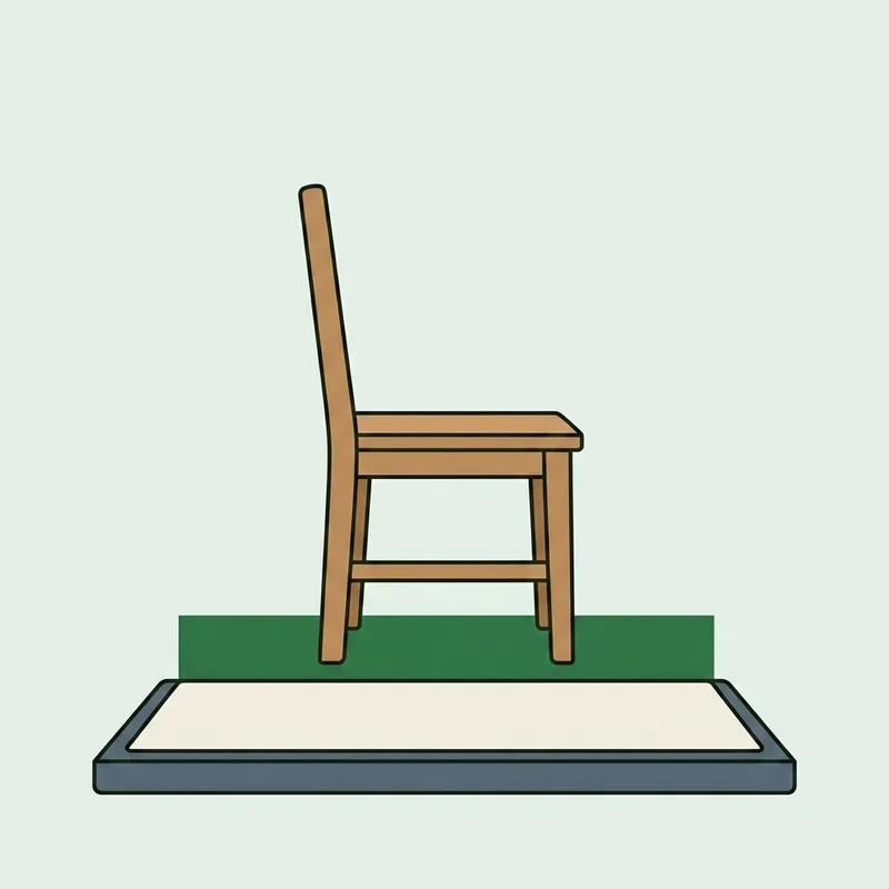 A plain wooden chair standing behind a rectangular practice mat