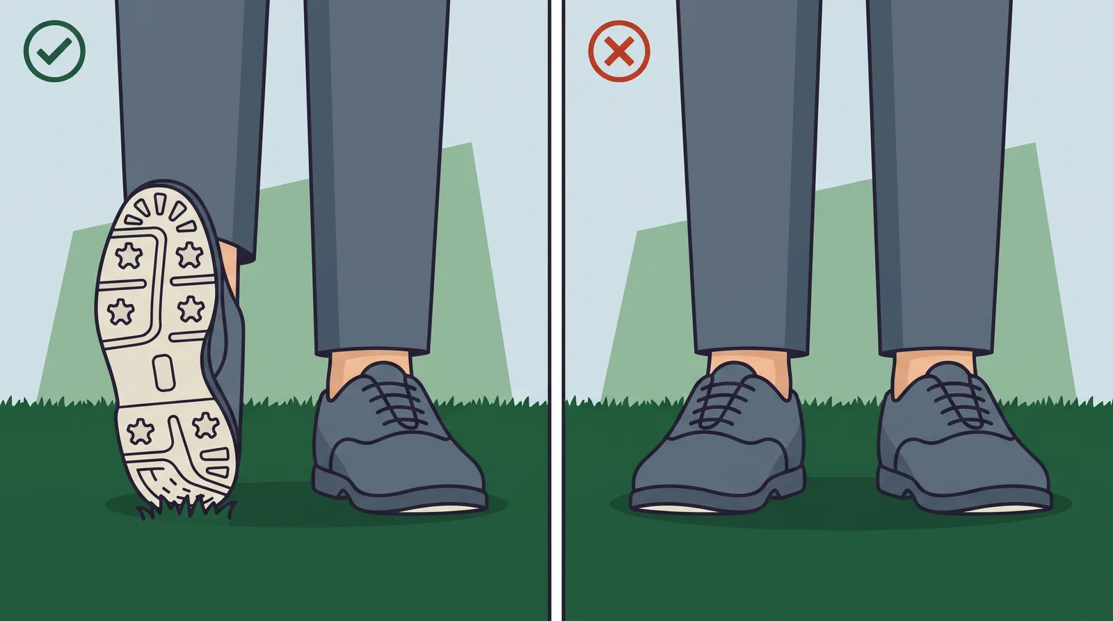 Close view of a golfer's feet, one shoe tipped up onto its toe with the spiked sole showing, beside a pair of shoes standing flat