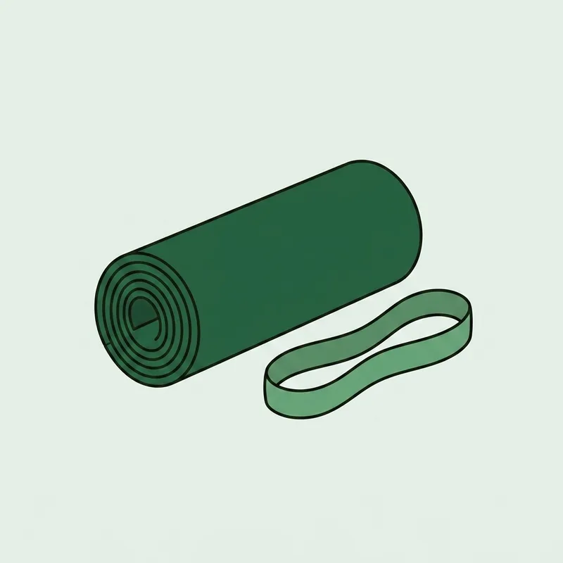 A rolled exercise mat and a looped resistance band on a floor