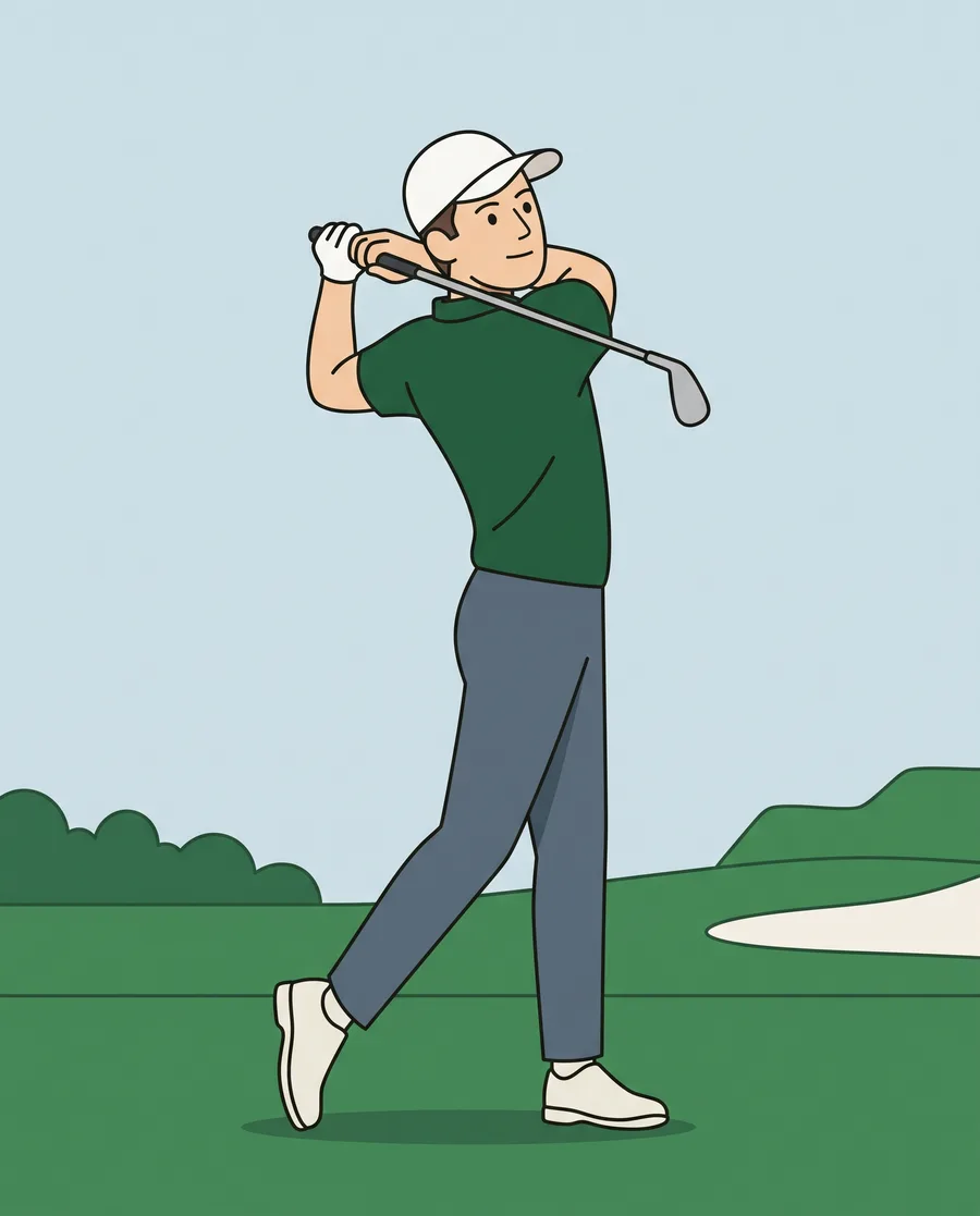 A golfer on a fairway lining up a shot, in the Learn Golf illustration style