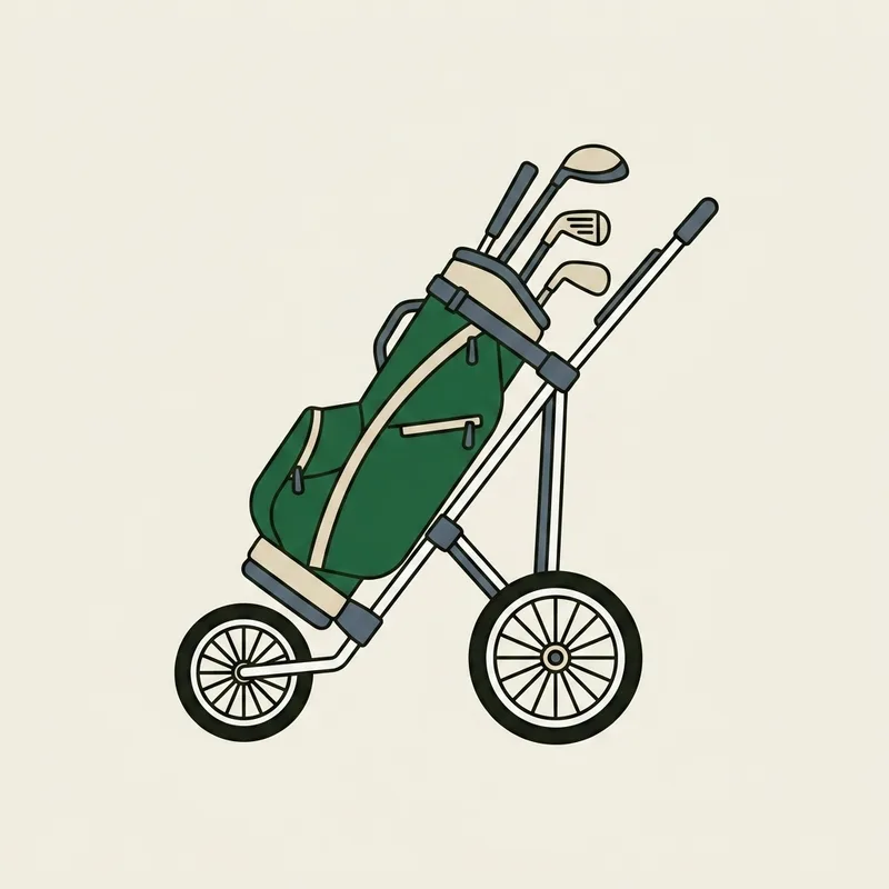 A two-wheeled golf push trolley standing upright with a bag and clubs on it