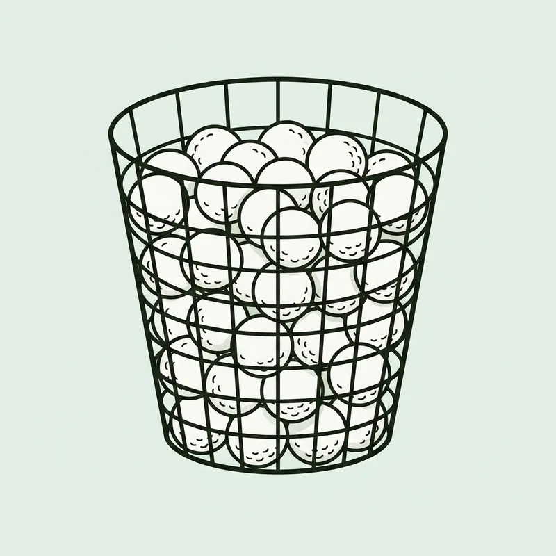A wire basket filled with golf balls standing on the ground