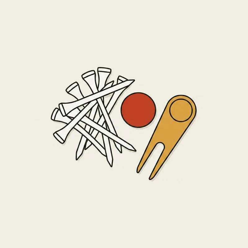 A small heap of wooden golf tees beside a ball marker and a pitchmark repair tool
