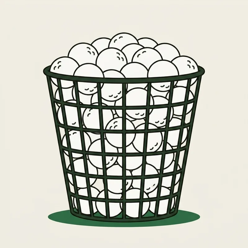 A wire driving range basket filled with golf balls