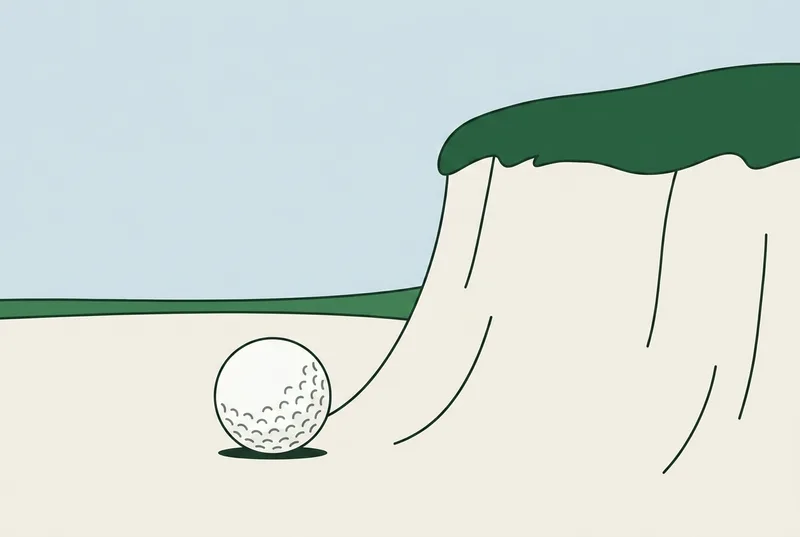 A golf ball resting on sand beneath a steep bunker face