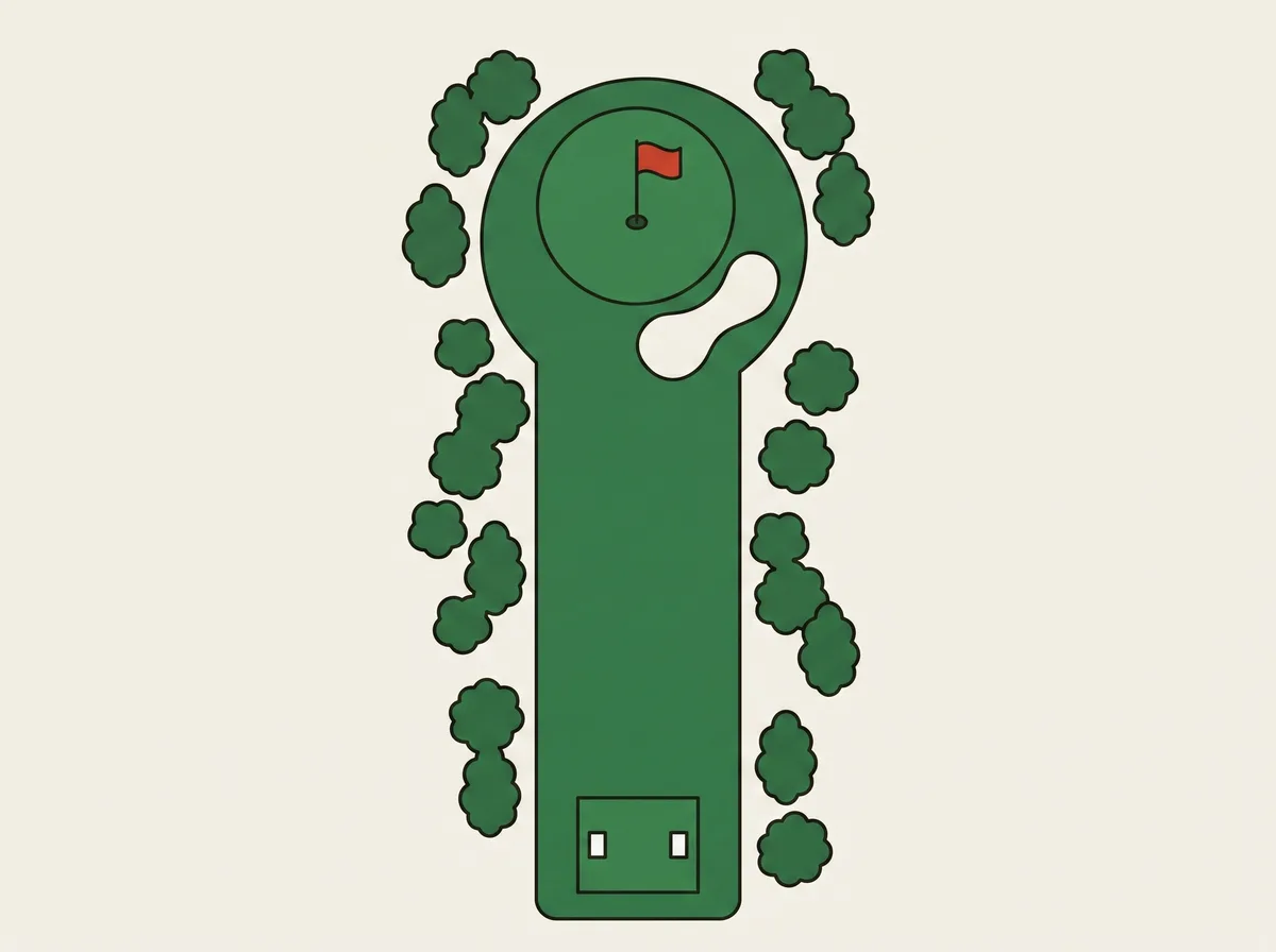 A single golf hole seen from directly overhead, with a teeing area, a fairway, trees along both sides and a green with a flagstick