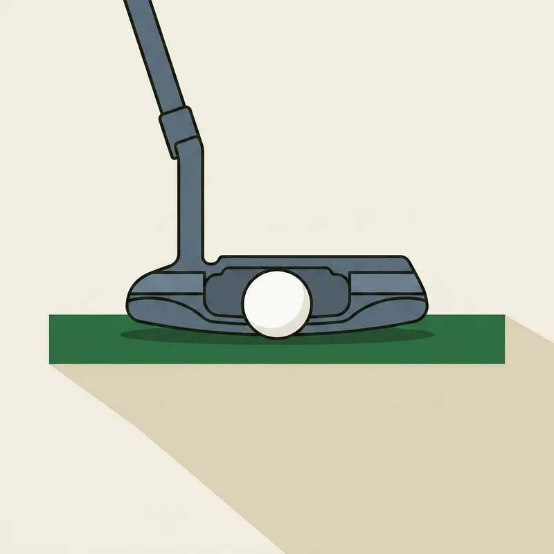 A putter head resting on a strip of putting surface with a golf ball at its face