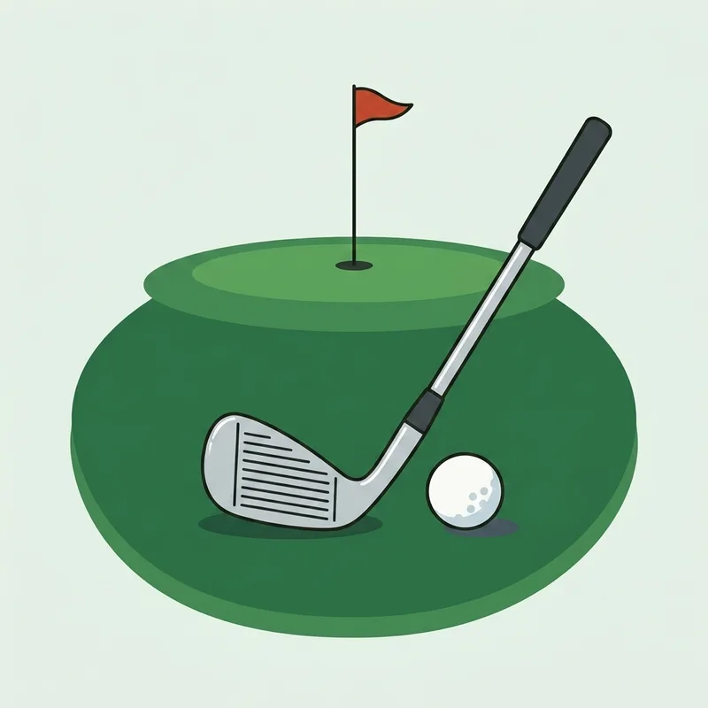 A wedge resting on fairway grass with a green in the distance