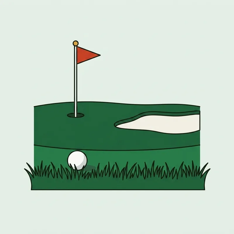 The fringe of a green with a bunker and a ball in the rough just off the putting surface