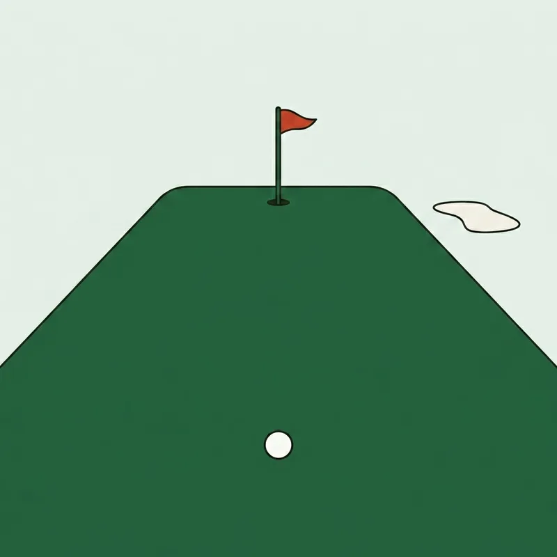A putting green with a flagstick and a ball at long range