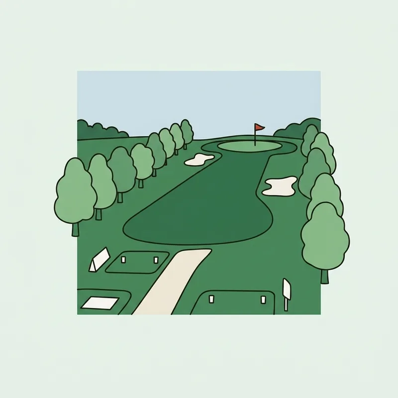 A golf course fairway seen from an elevated tee with bunkers and trees framing the landing area