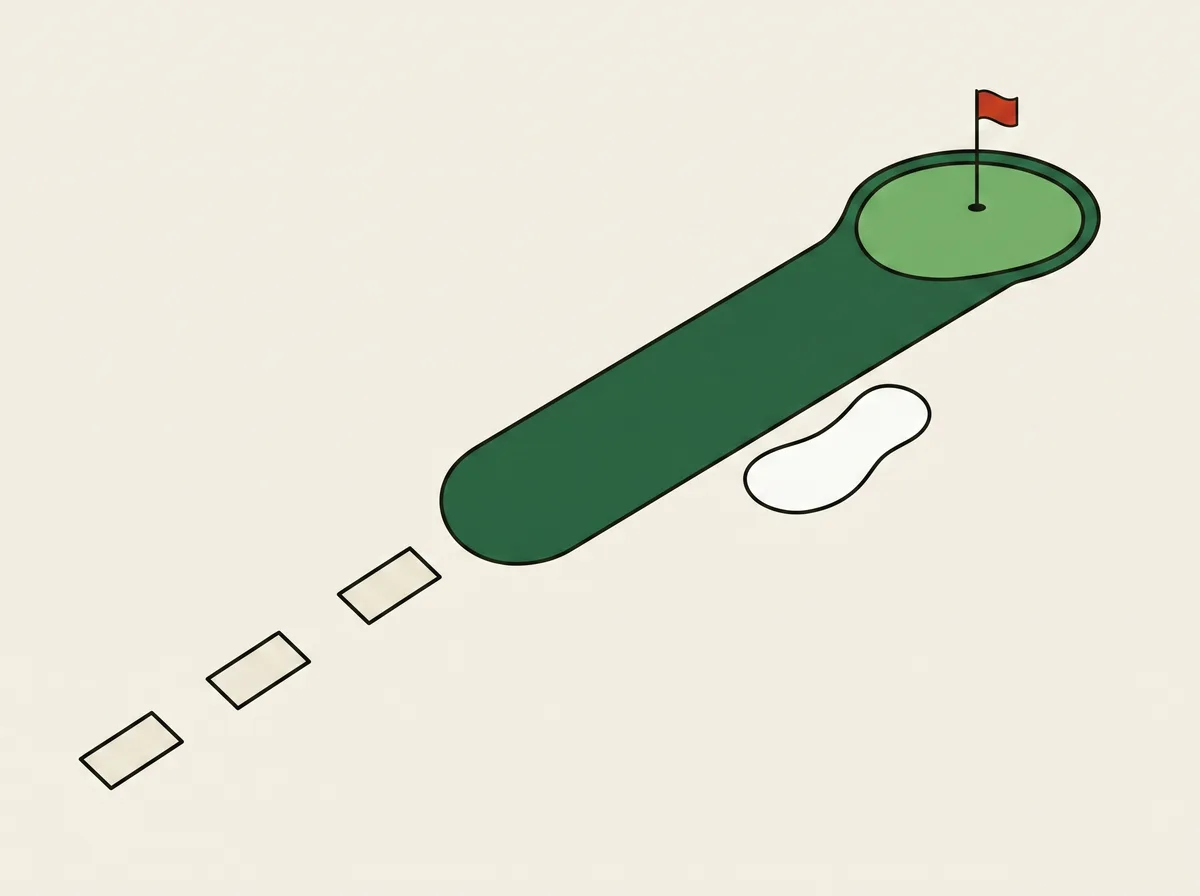 Overhead map of a single golf hole showing three tee boxes set at different distances back from one fairway and green