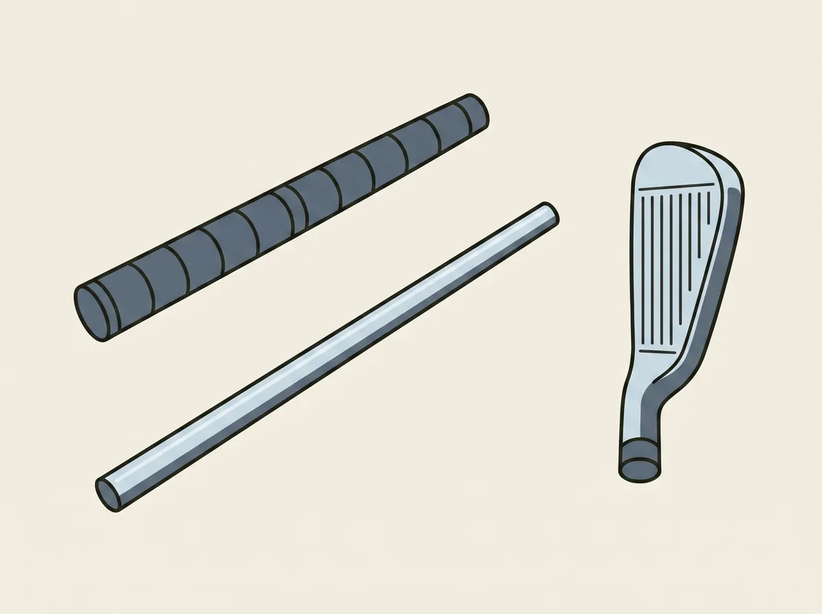 A golf club separated into its three parts, the grip, the shaft and the head, arranged with space between each part