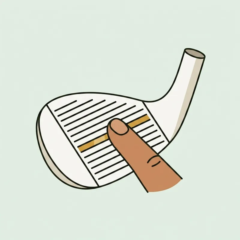 A wedge head held at an angle with a fingertip resting across the scored grooves on the face