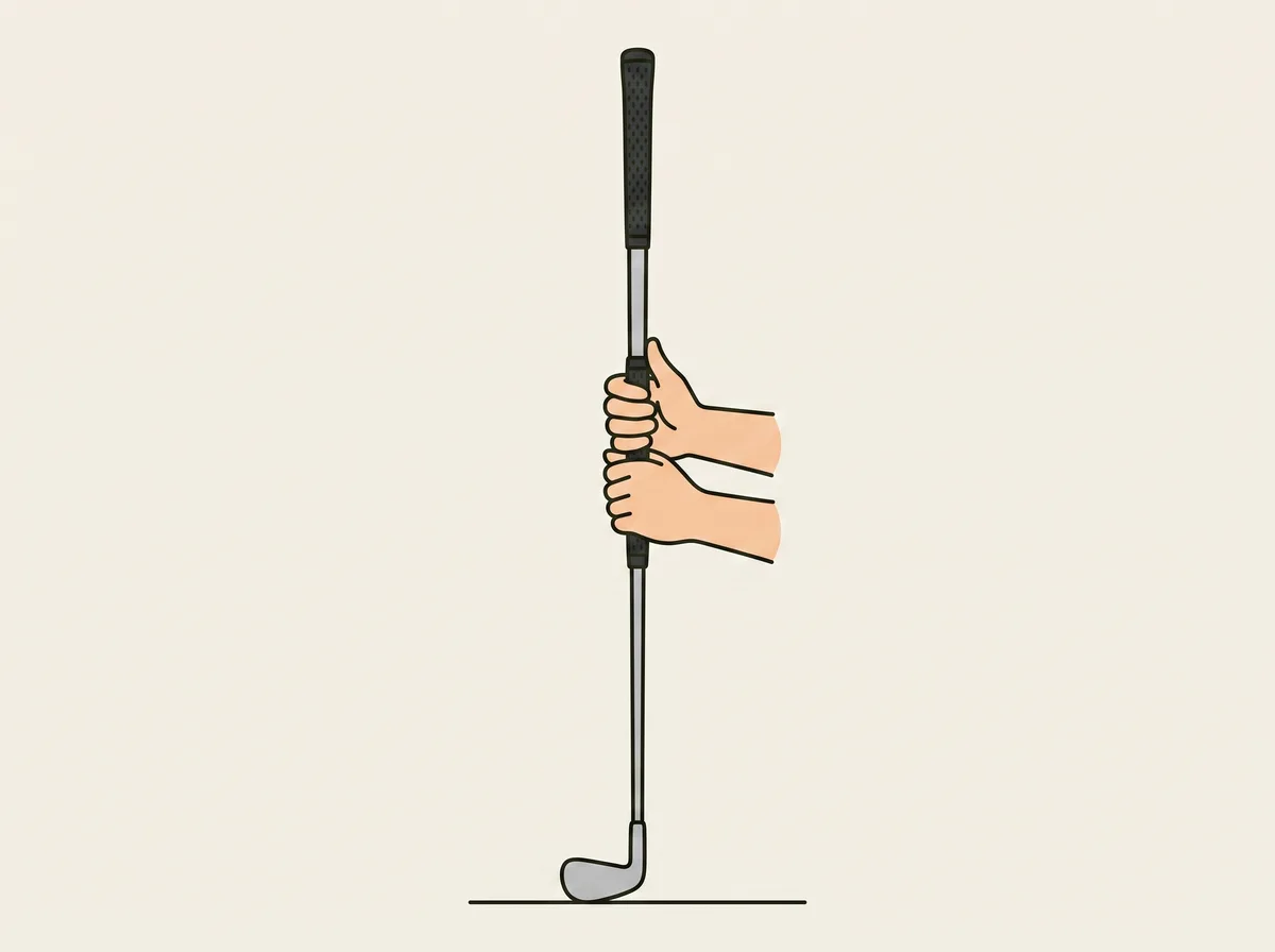 Two hands gripping a golf club low down the handle with a length of the grip showing above them