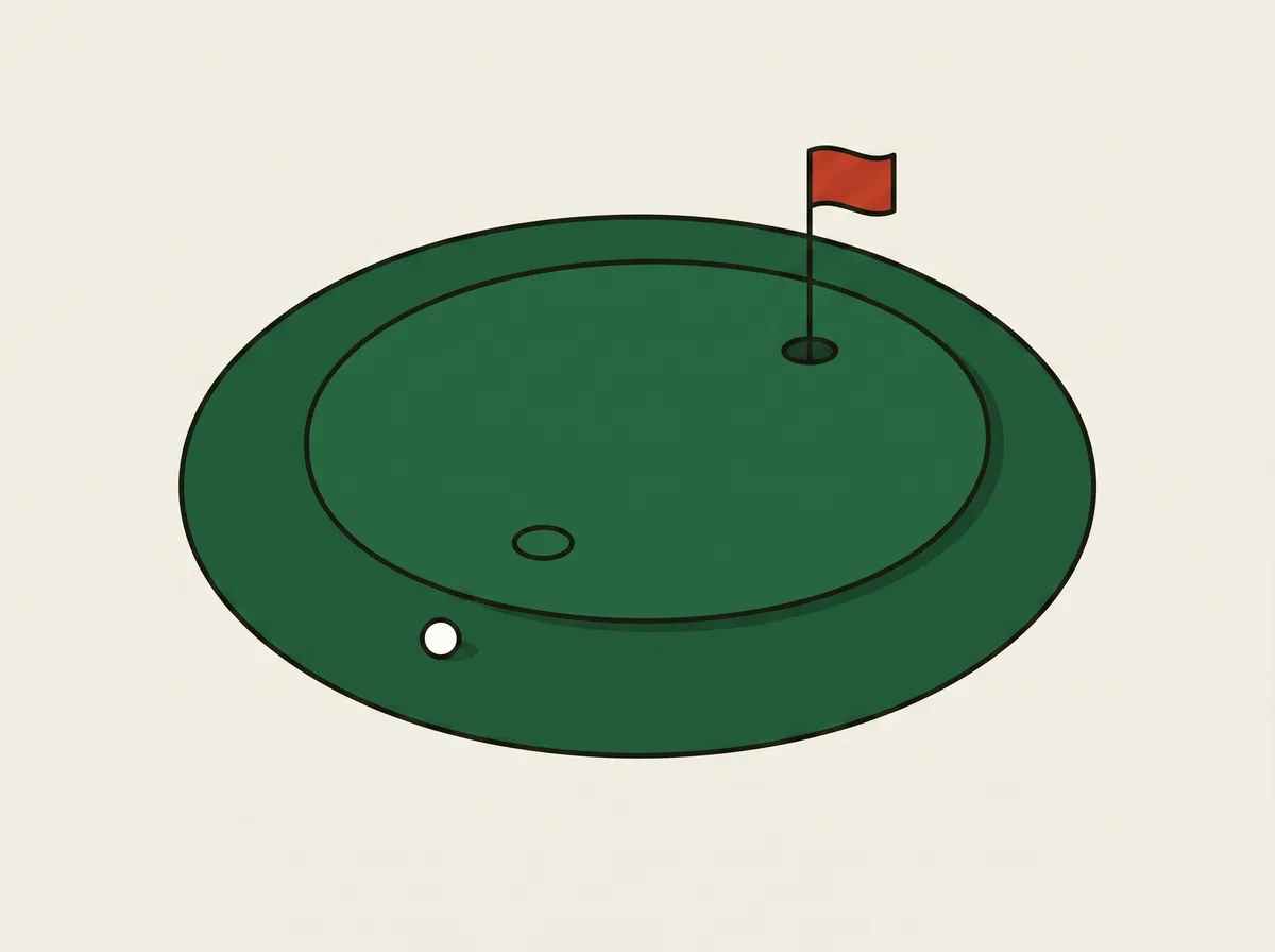 Overhead view of a green with a ball on the fringe, a small marked landing circle a short way onto the putting surface and the hole beyond
