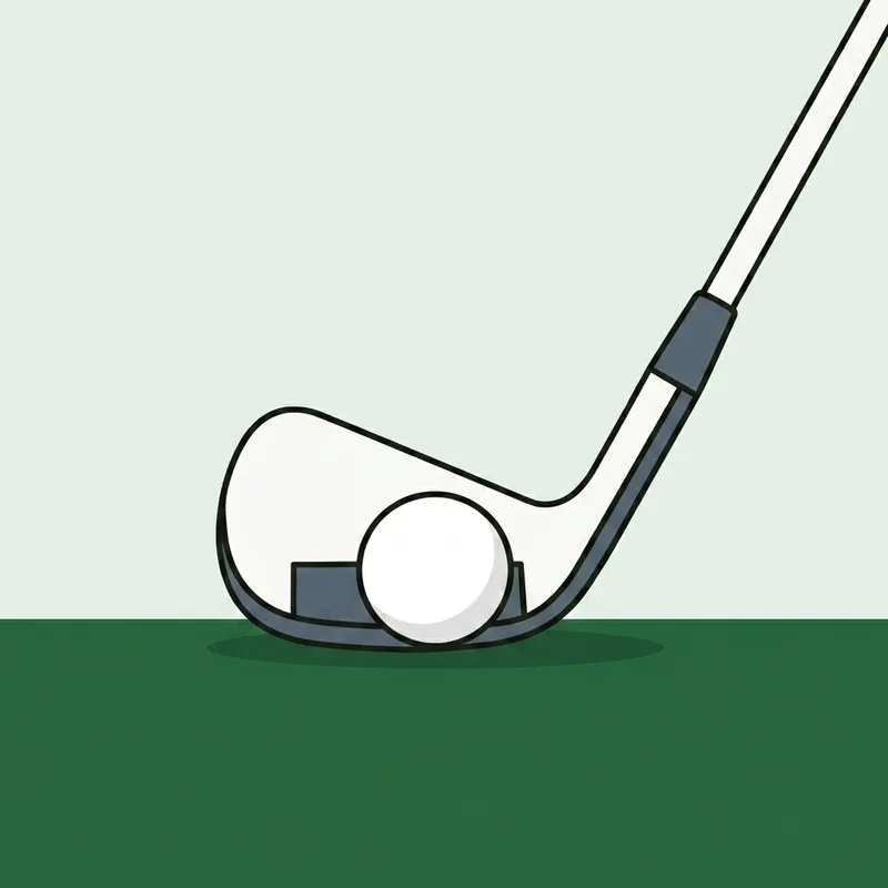 A wedge head resting on the turf directly behind a golf ball on closely mown grass