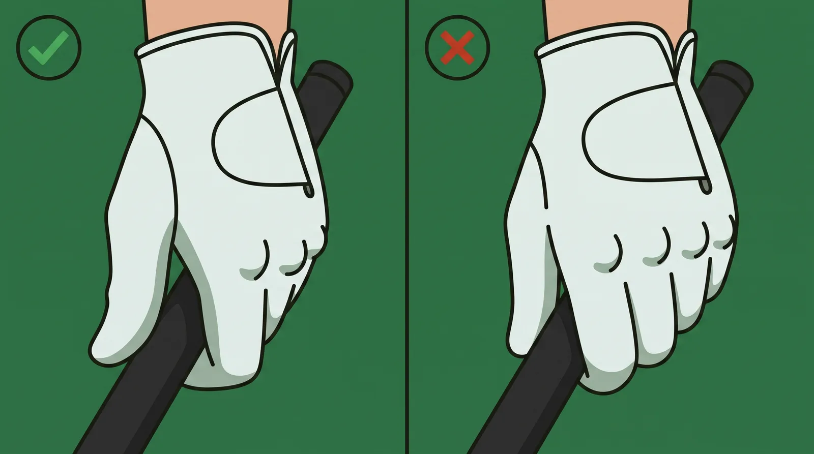 Two panels comparing a neutral lead hand grip showing two knuckles with an over-strong grip showing four knuckles