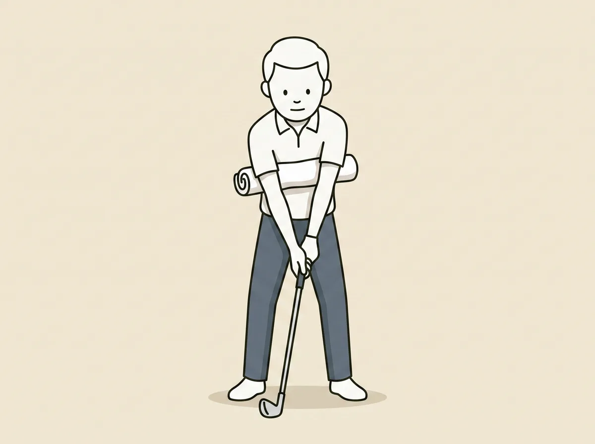 A golfer at address with a small rolled towel tucked under both upper arms across the chest