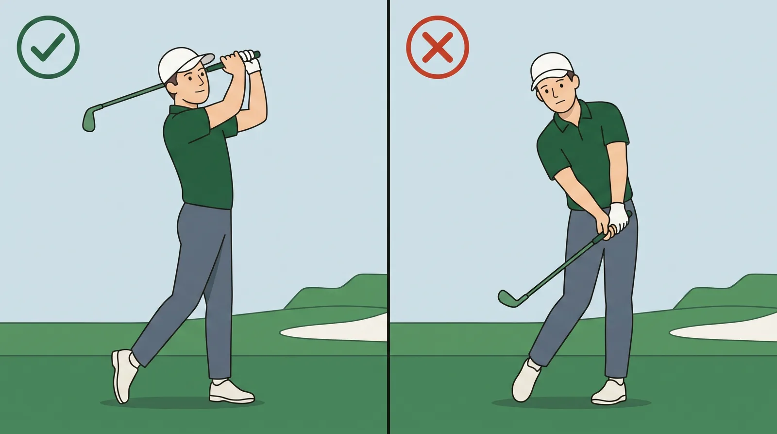 Comparison of two golf finish positions, one with the hands high above the shoulder and one with the hands stopped low at chest height