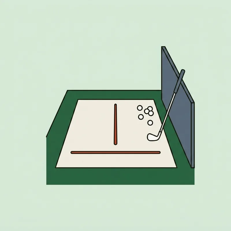 A practice bay with two alignment sticks laid on the ground and a small pile of balls