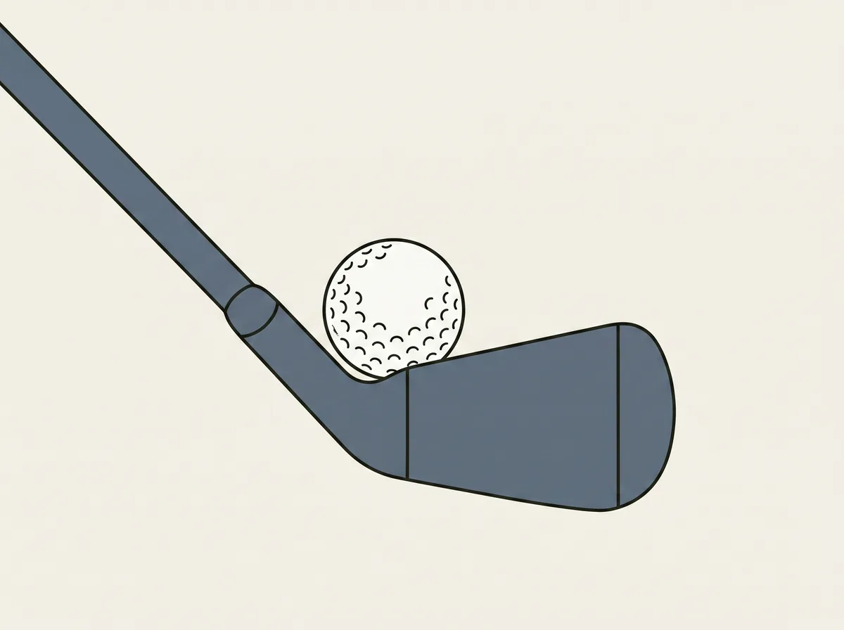 A golf iron head seen from directly above with a golf ball resting against the rounded neck where the shaft joins the head