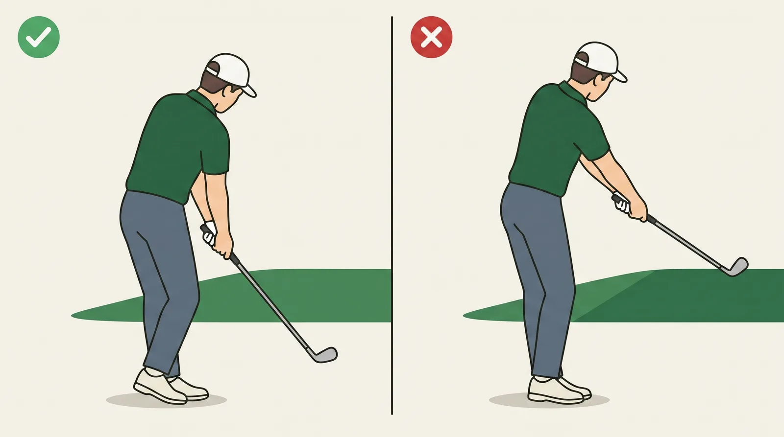 Comparison of a golfer holding their spine angle through impact against one who has stood up and pushed the hips toward the ball