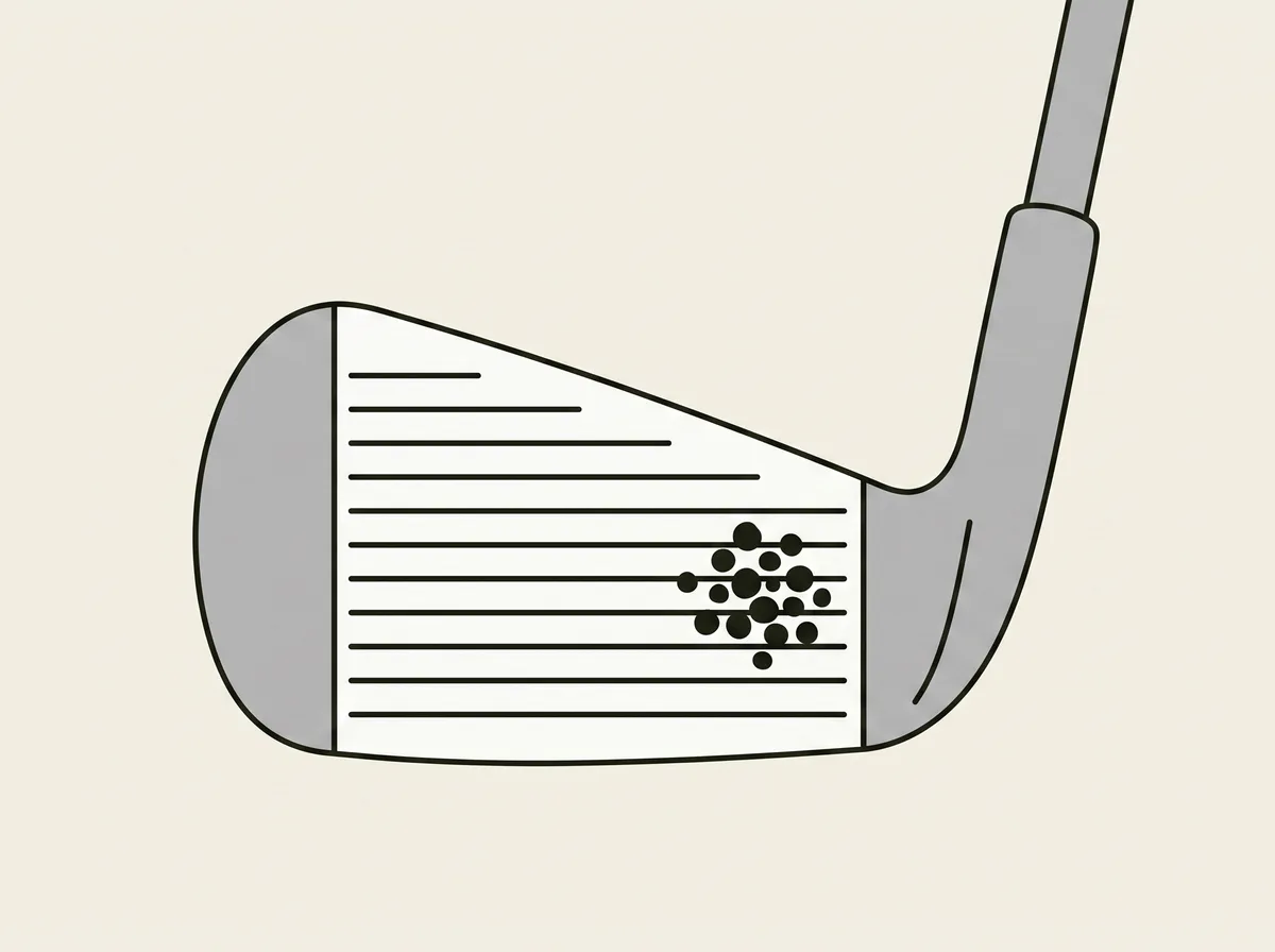 A golf iron clubface seen straight on with a cluster of small ball marks near the end of the face closest to the shaft