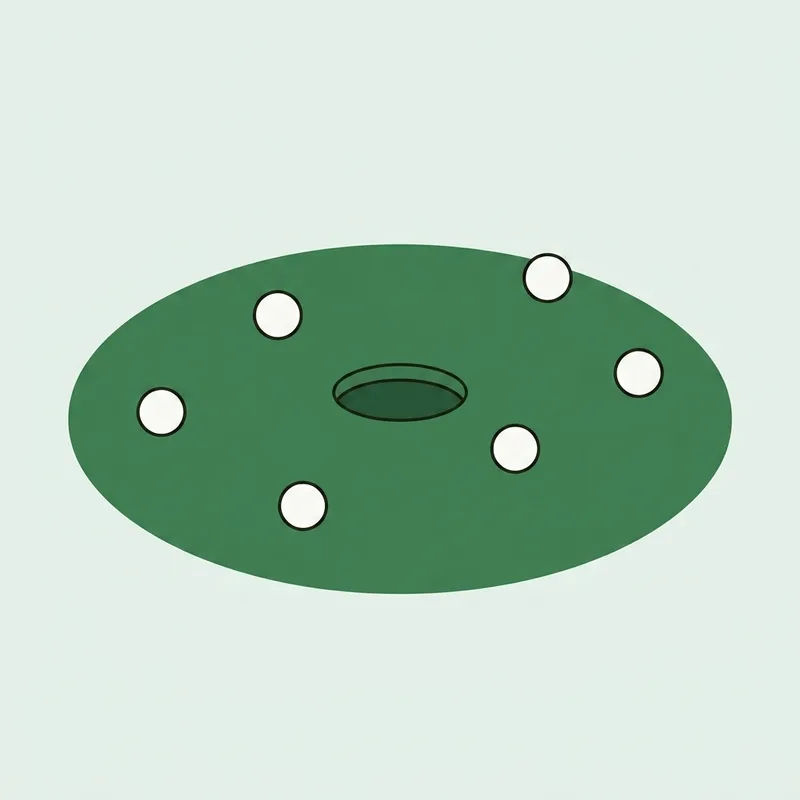 A quiet practice putting green with several golf balls scattered near a hole