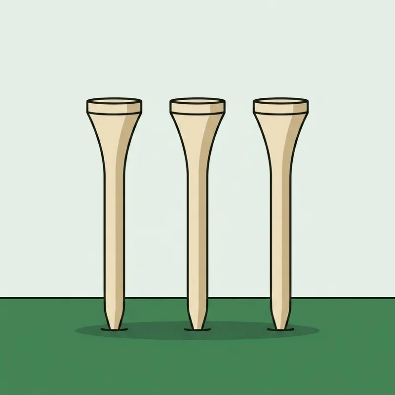 Three wooden golf tees standing upright in short grass