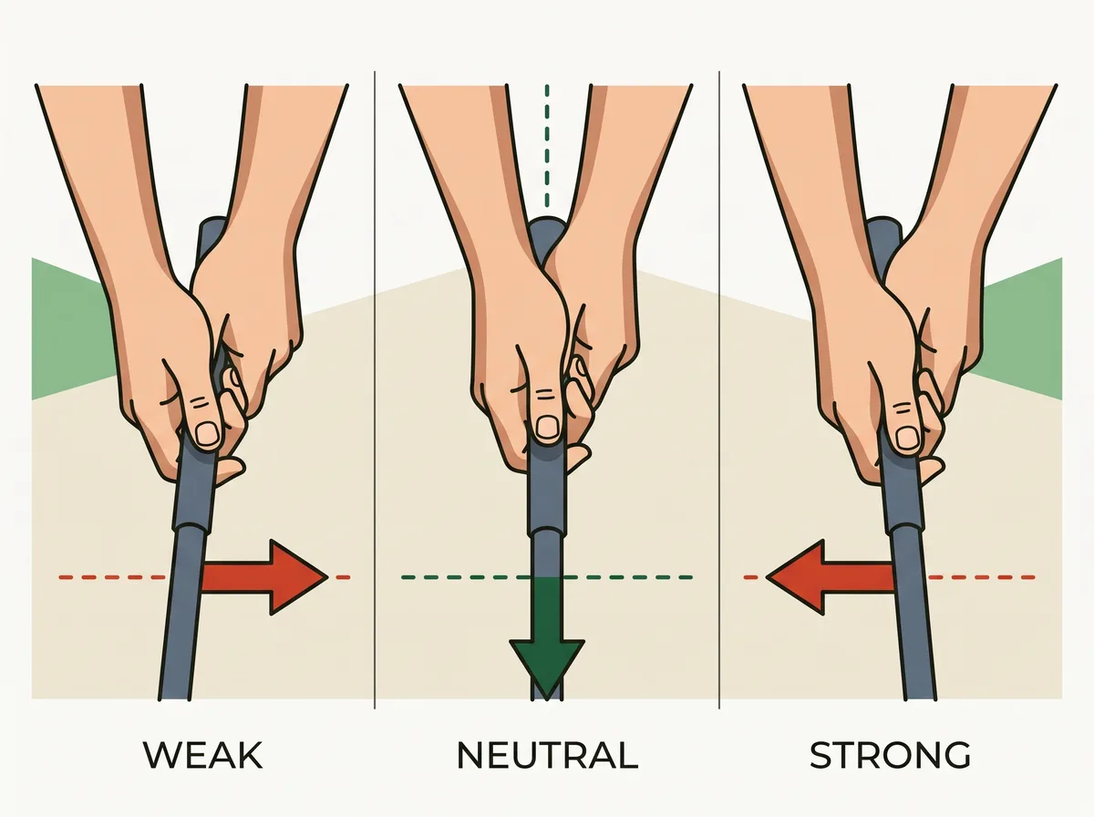 Diagram showing how rotating the hands on the grip changes the clubface angle at impact
