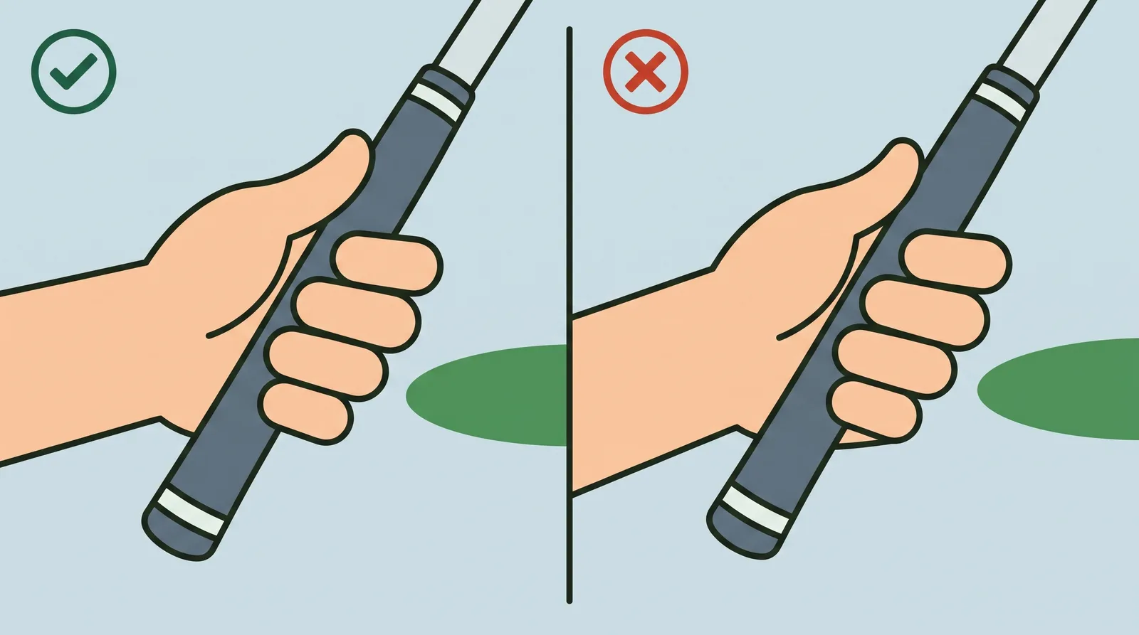 Comparison of a correct finger grip against an incorrect palm grip on a golf club