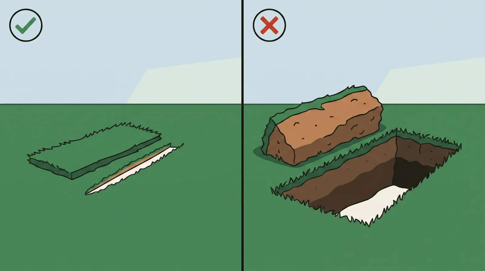 Two panels comparing a shallow strip of turf lying on the grass against a deep gouge cut out of the ground