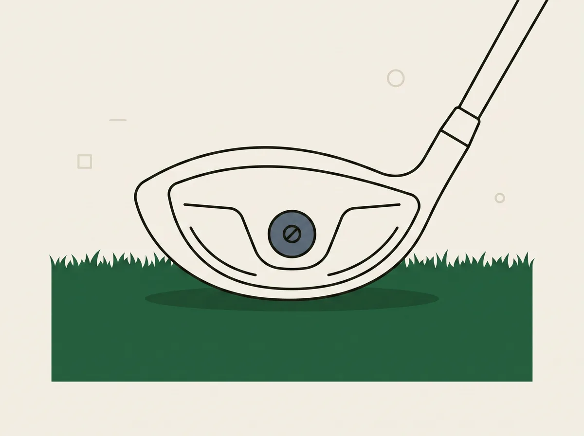 A driver head resting sole upwards on short grass with a small round movable weight set into the sole