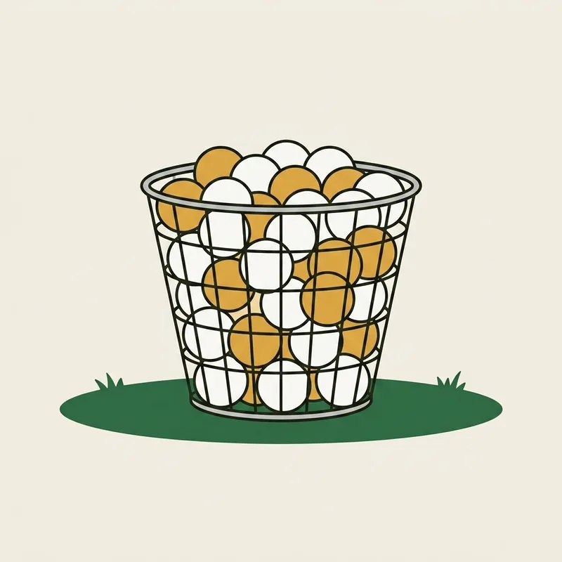A wire basket of golf balls resting on grass