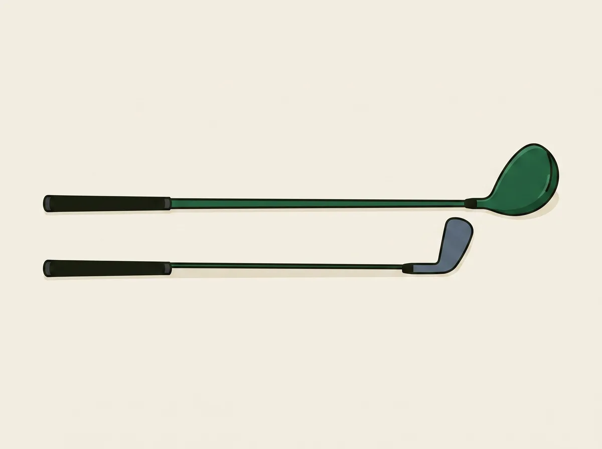 A driver and a mid iron laid side by side on short grass showing the difference in shaft length and head size